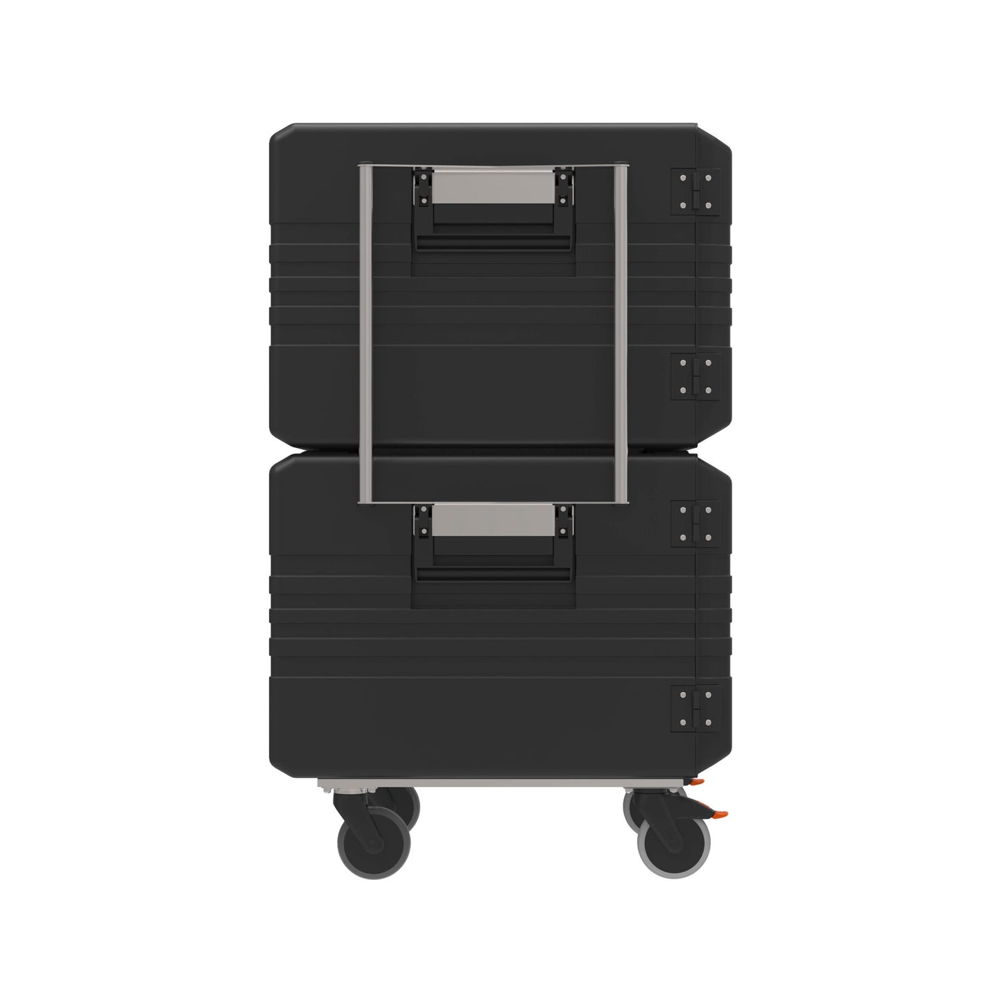 Schwarze Transportboxen auf Rollen.