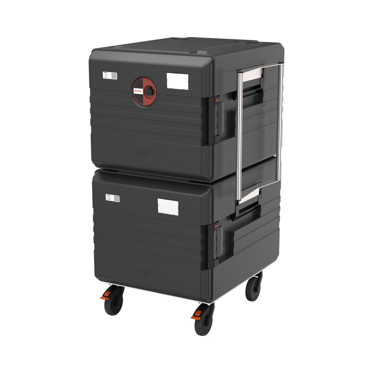 Transportbehälter auf Rollen, stapelbar.