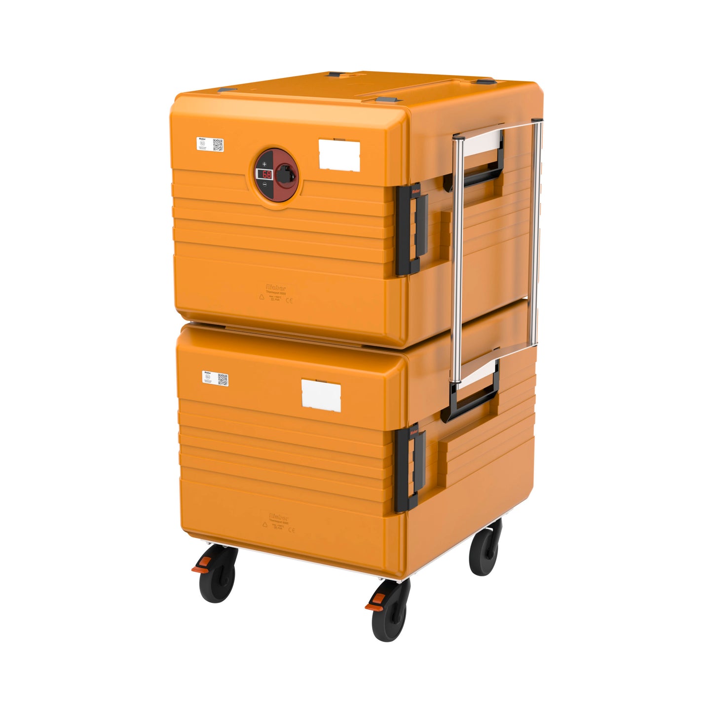 Zwei orange Thermoboxen auf Rollen.