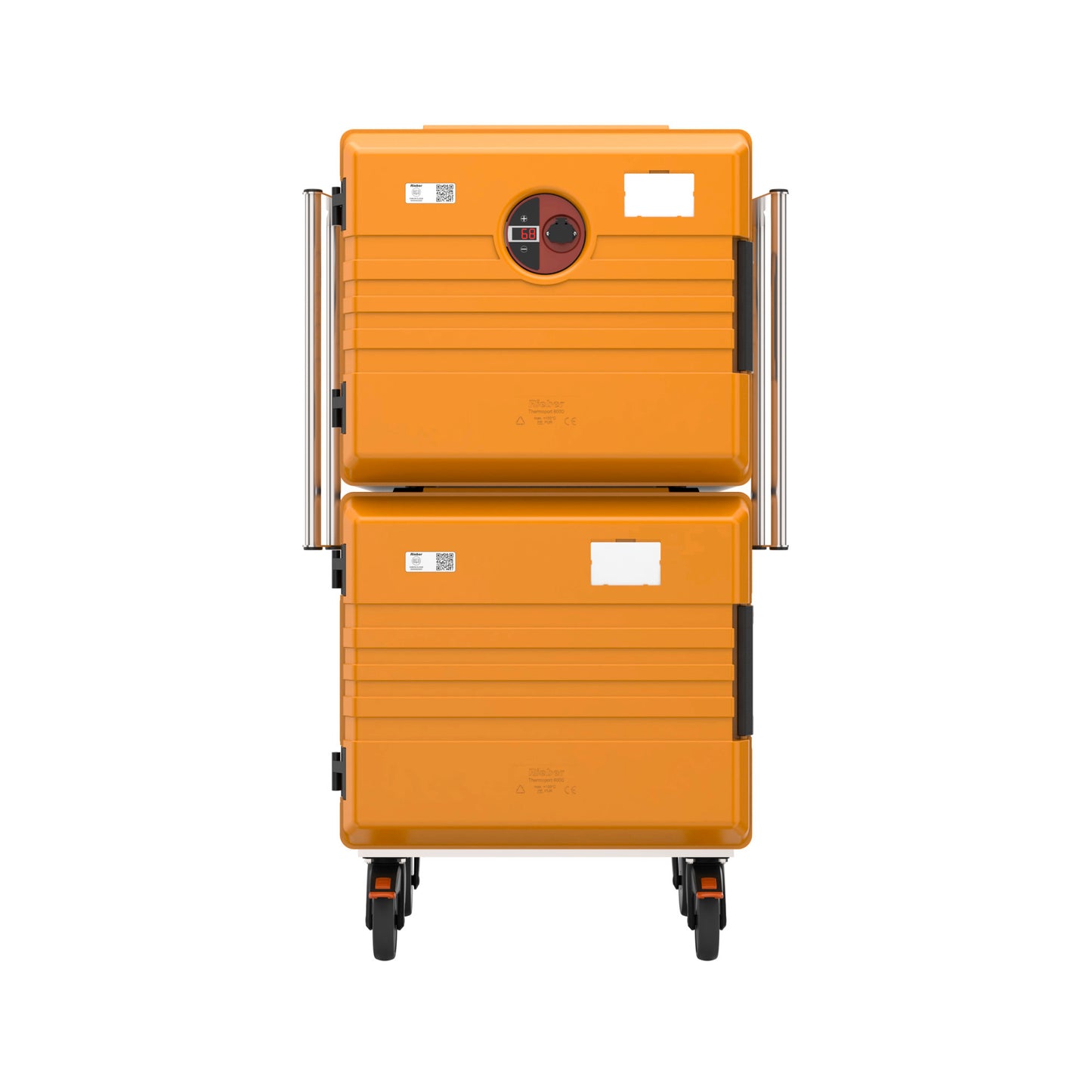 Zwei orange Thermoboxen auf Rollen.