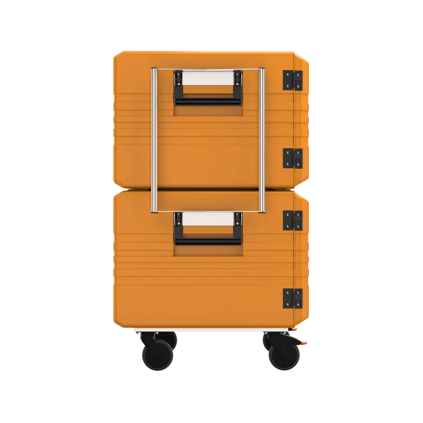 Zwei orange Thermoboxen auf Rollen.