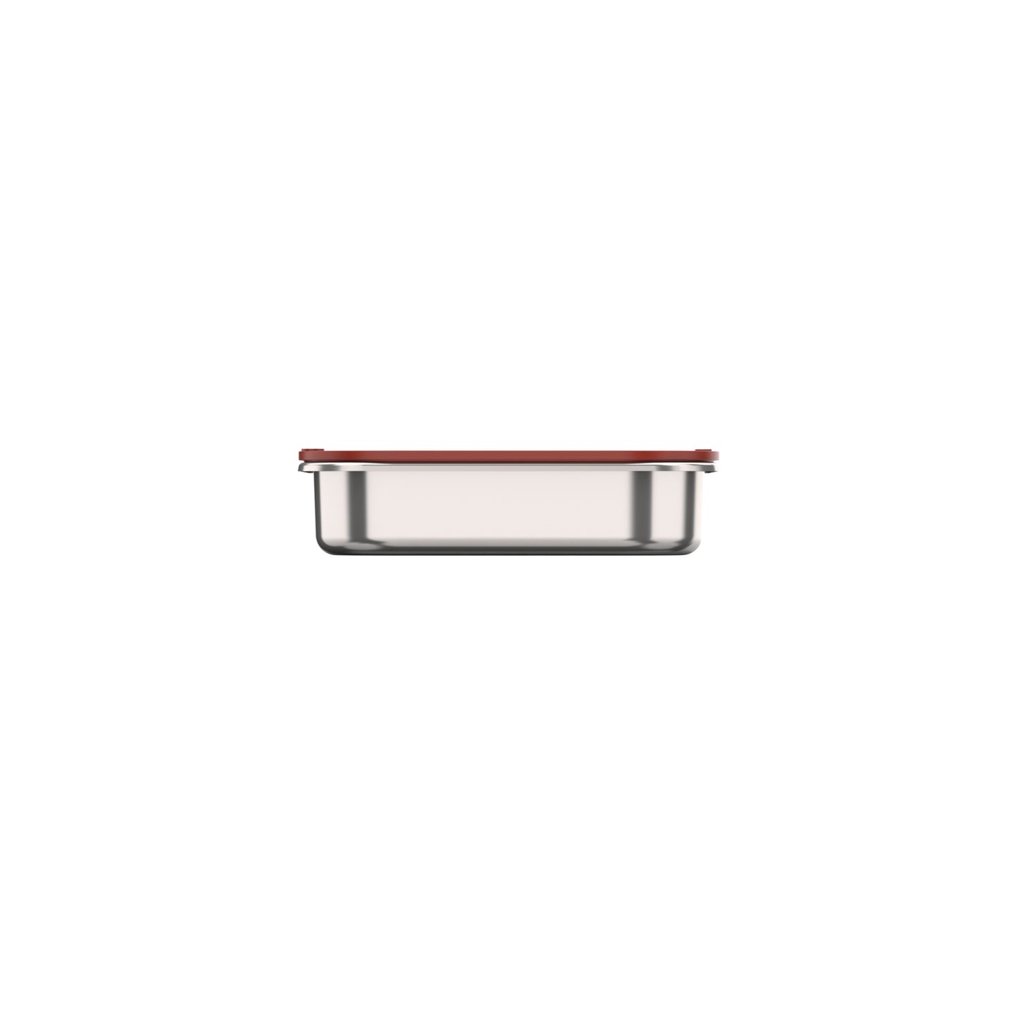 Edelstahlbehälter mit rotem Deckel.