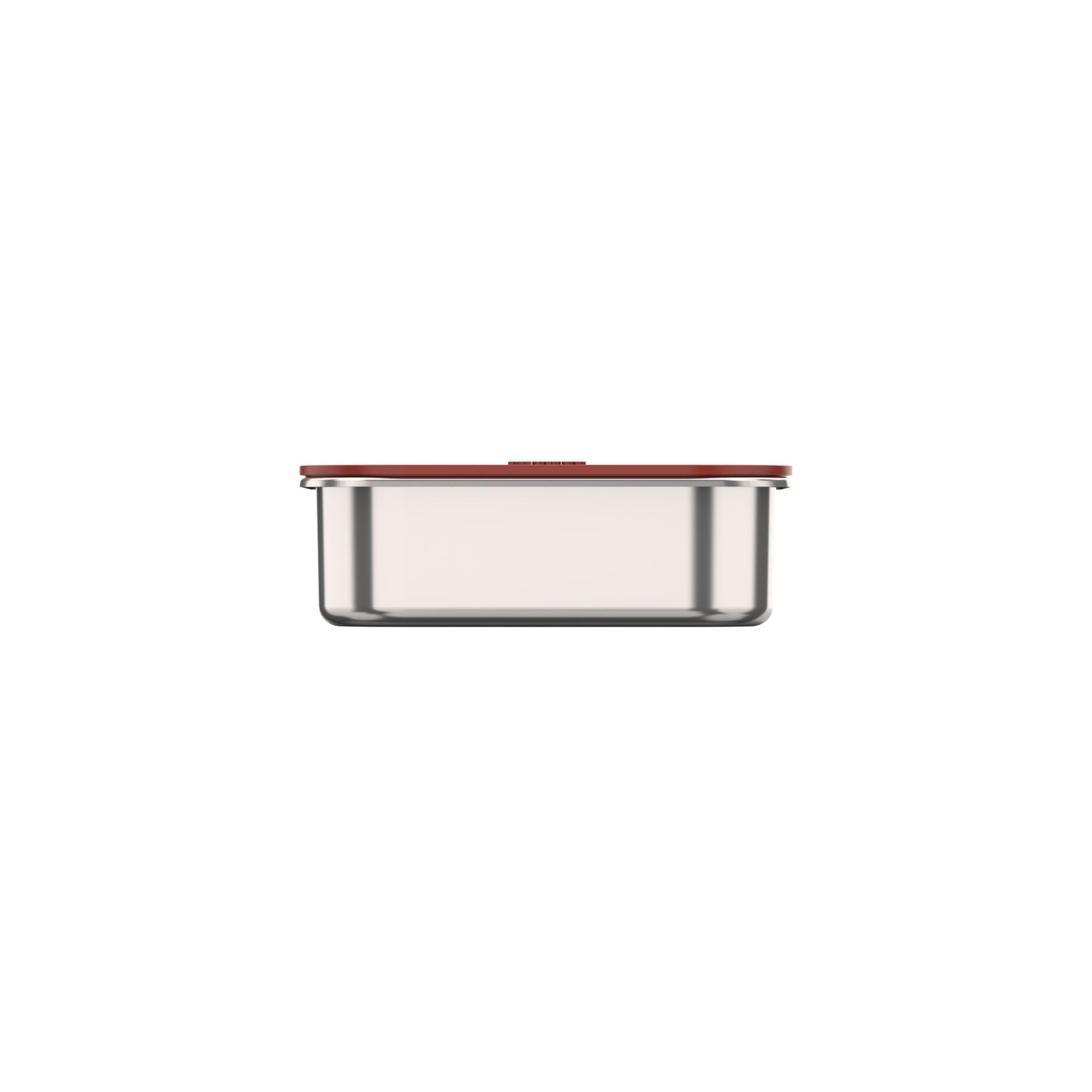 Edelstahlbehälter mit rotem Deckel.