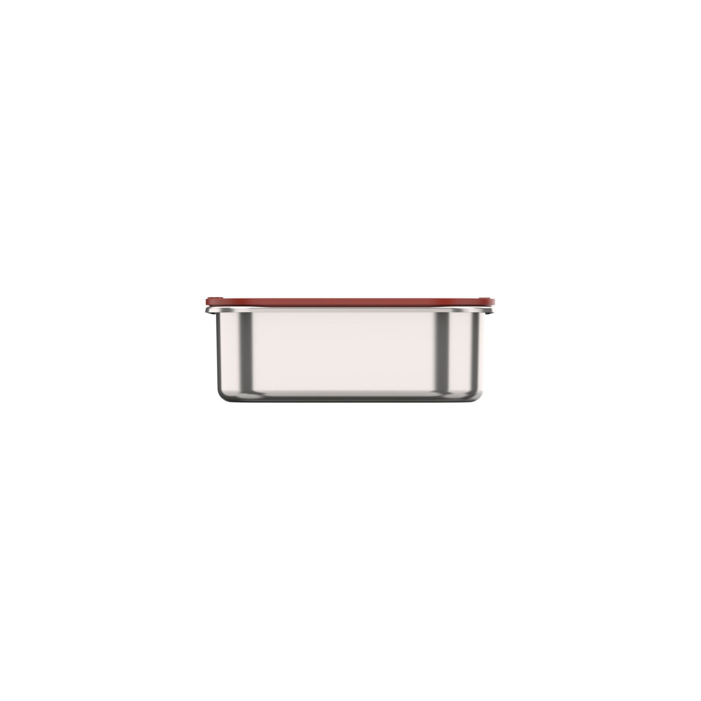 Edelstahlbehälter mit rotem Deckel.