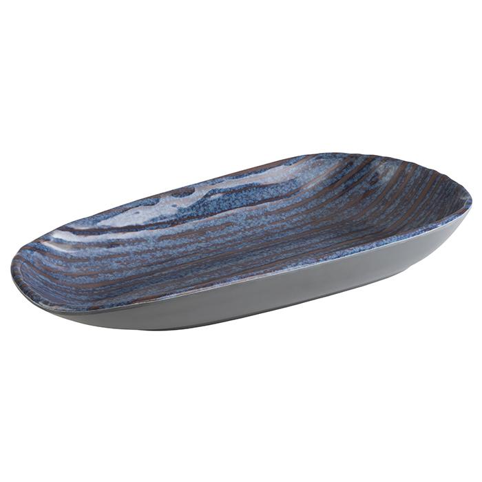 Blau-grauer, länglicher Servierteller.