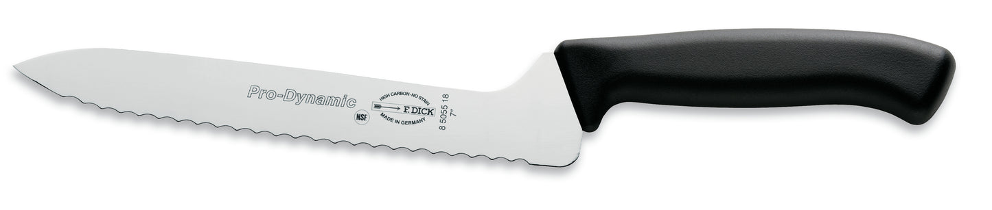 Gezacktes Küchenmesser mit schwarzem Griff.