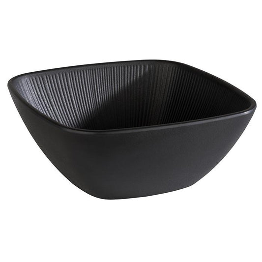 Schwarze, quadratische Schüssel, geriffelt.