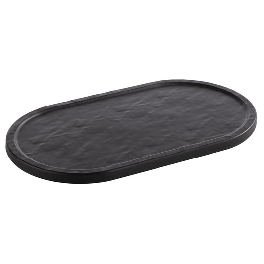 Schwarzes, ovales Serviertablett aus Melamin.