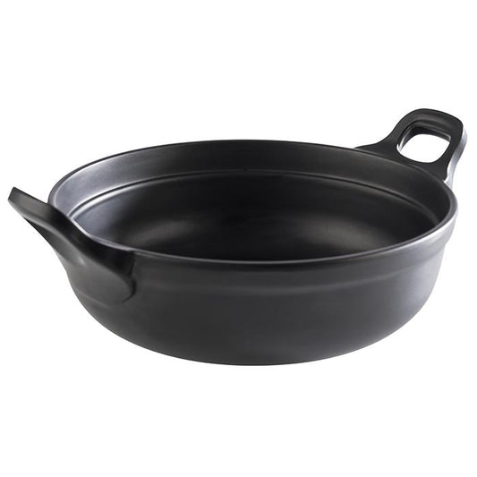 Schwarze Schüssel mit Griffen.