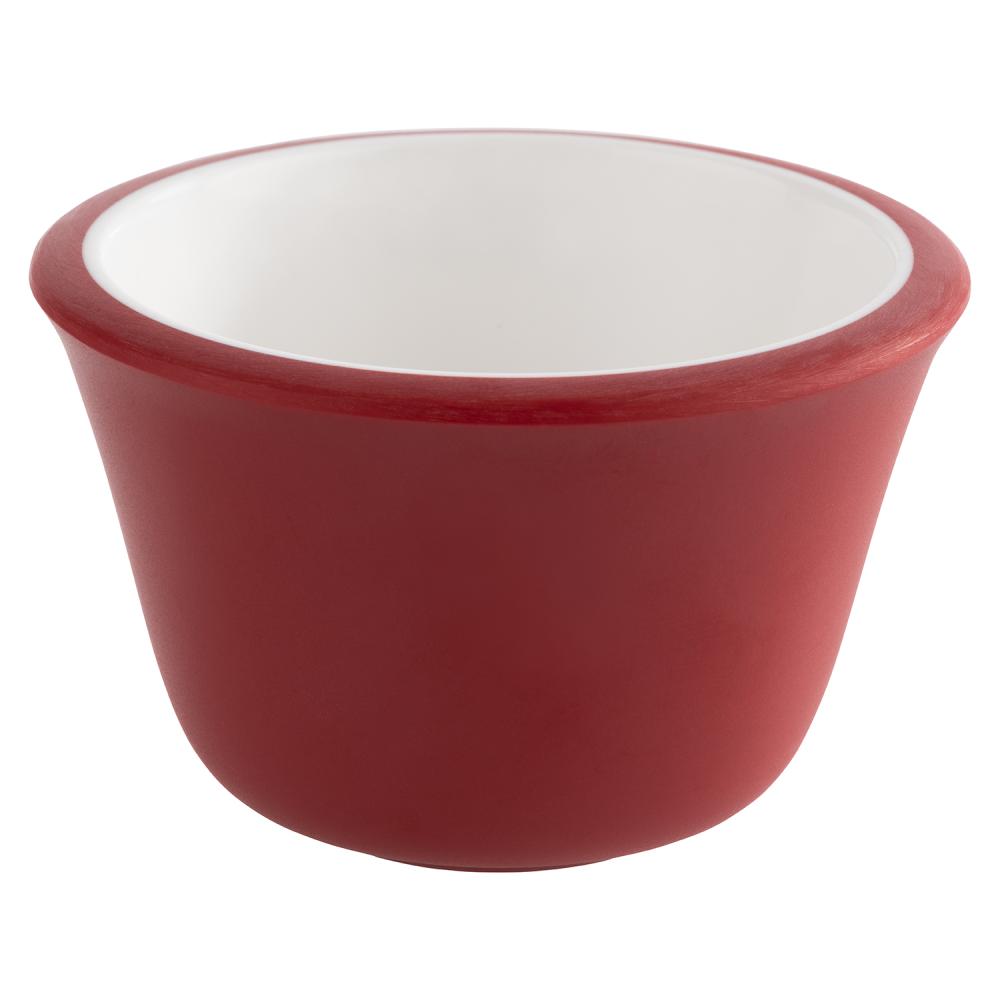 Rote Schüssel mit weißem Innenraum.