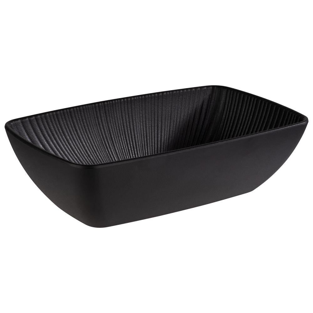 Schwarze, rechteckige Schale, geriffelt.