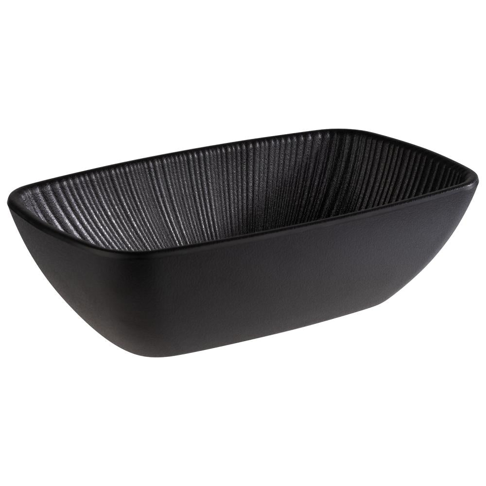 Schwarze, rechteckige Schale, geriffelt.