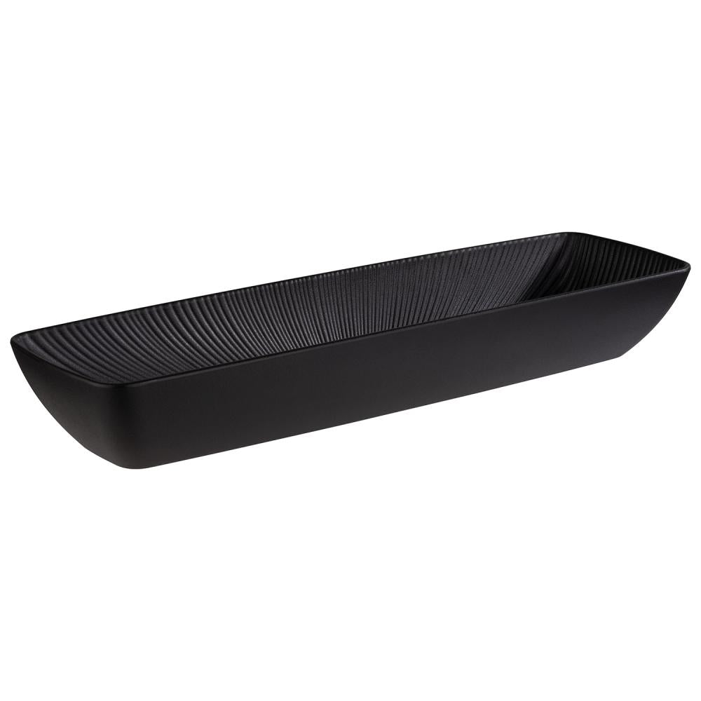Schwarze, rechteckige Servierschale, geriffelt.