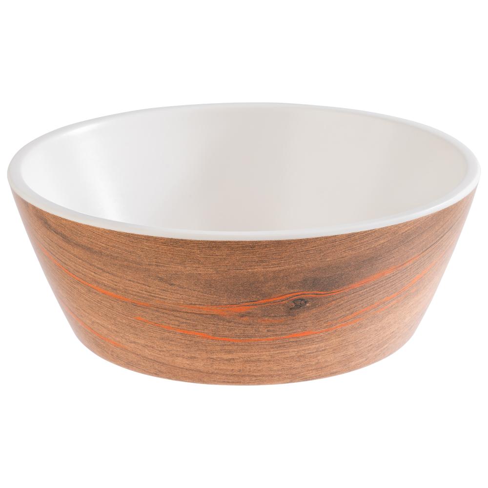 Holzoptik-Schüssel mit weißem Innenraum.