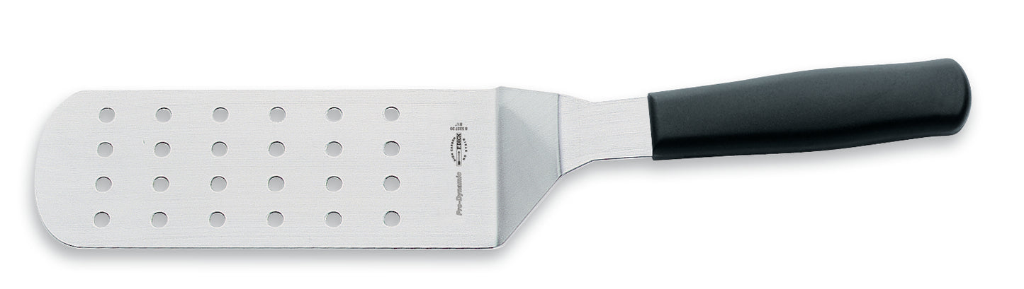 Metallspatel mit Löchern, schwarzer Griff.