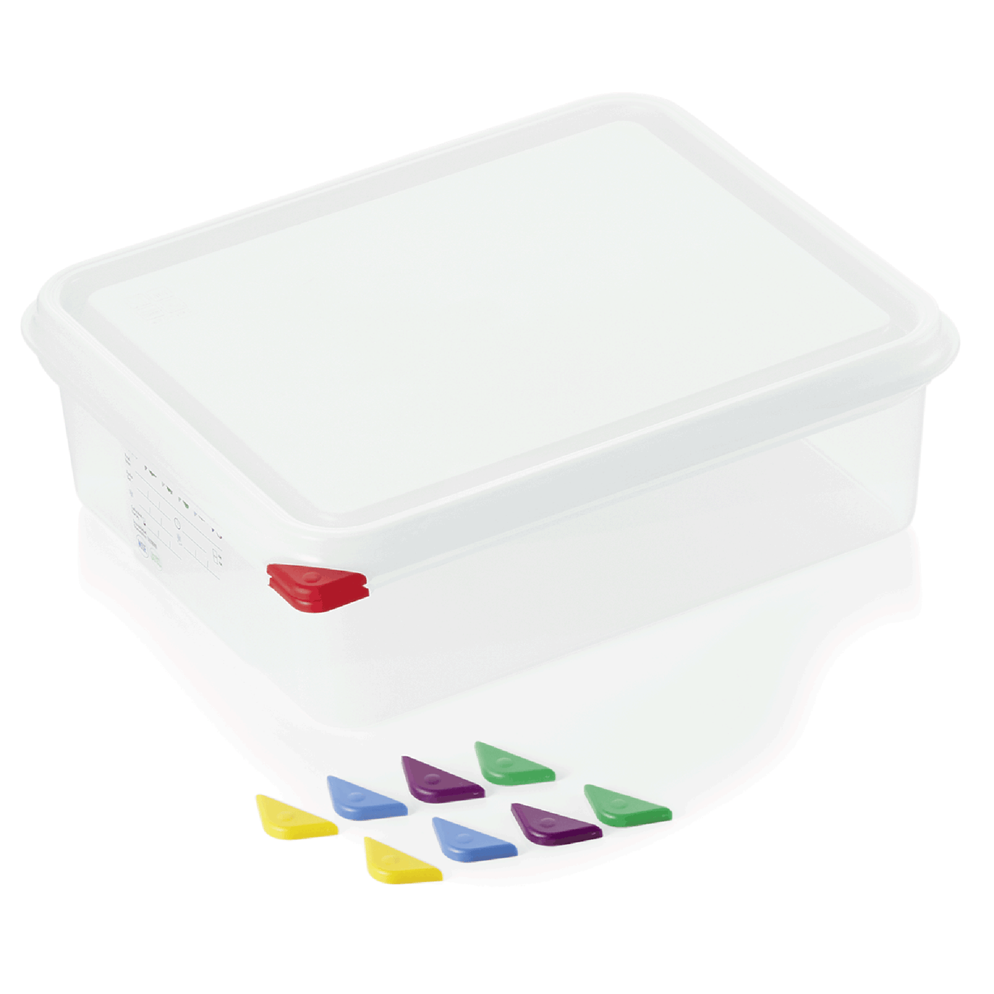 Transparente Box mit bunten Clips.