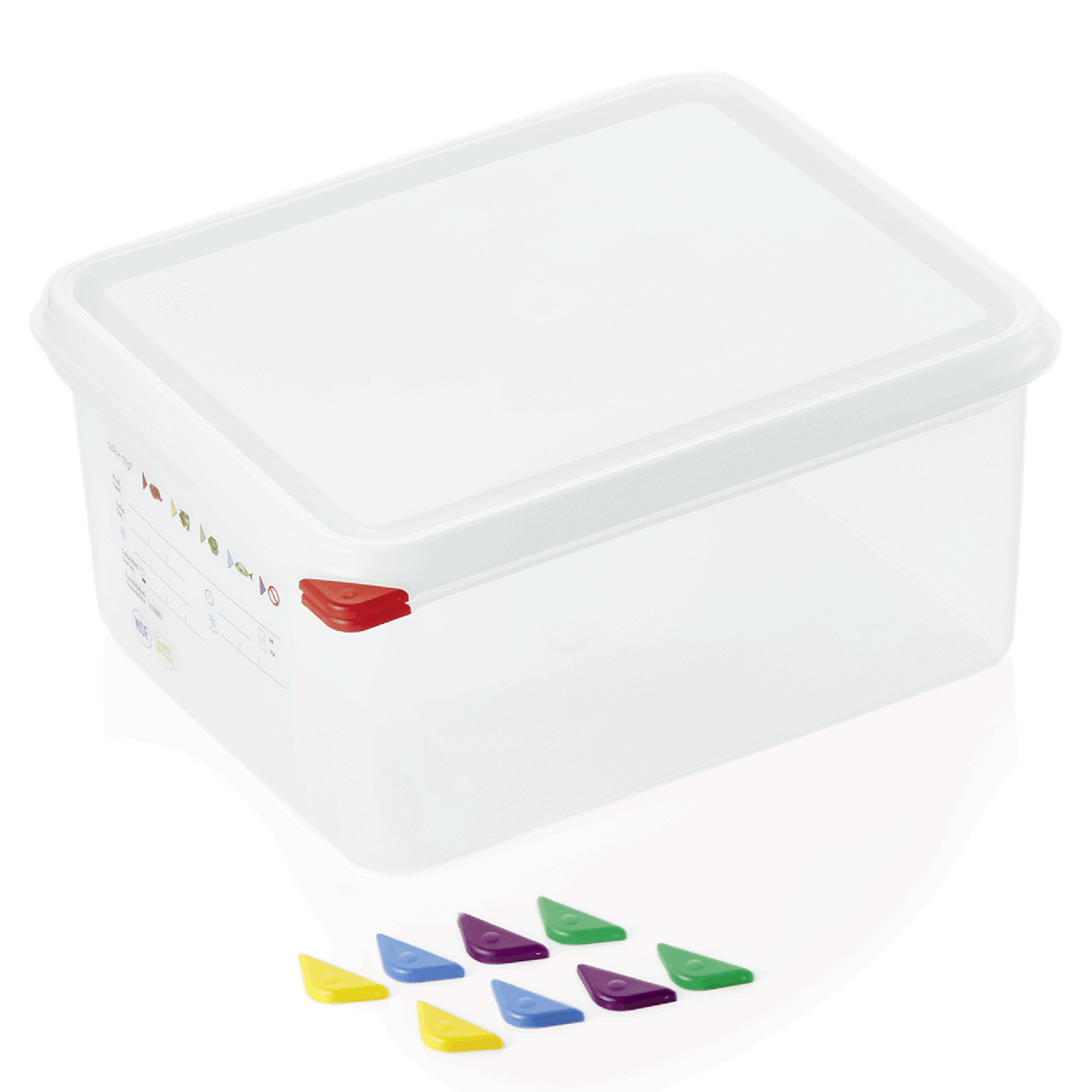 Transparente Box mit bunten Clips.