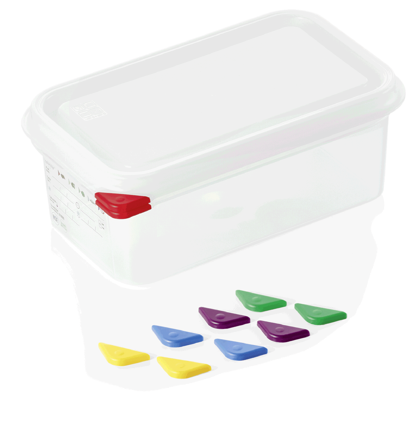Transparente Box mit bunten Clips.