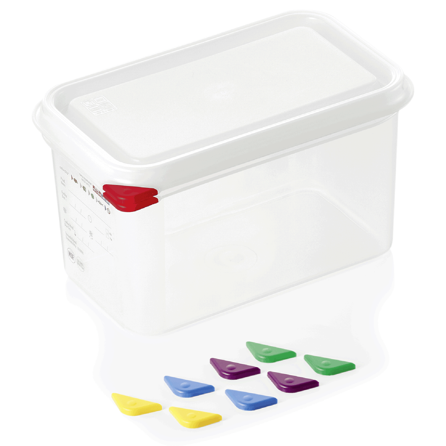 Transparente Box mit bunten Clips.