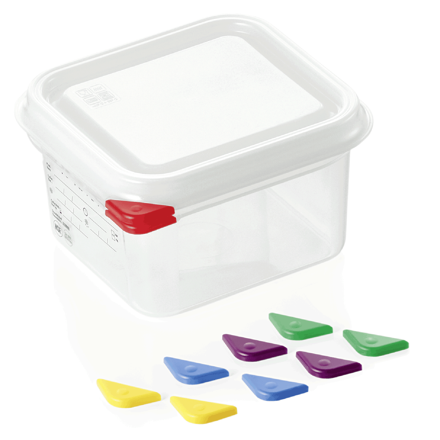 Transparente Box mit bunten Clips.