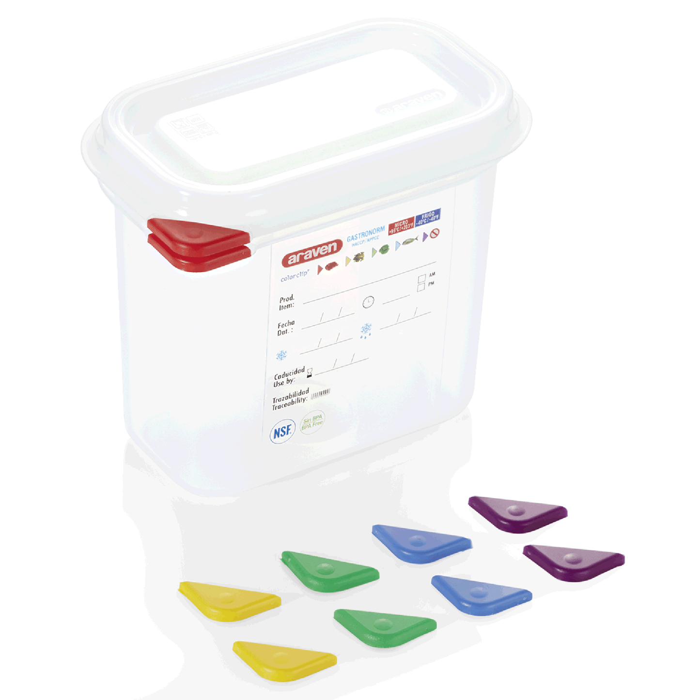 Transparenter Behälter mit bunten Clips.
