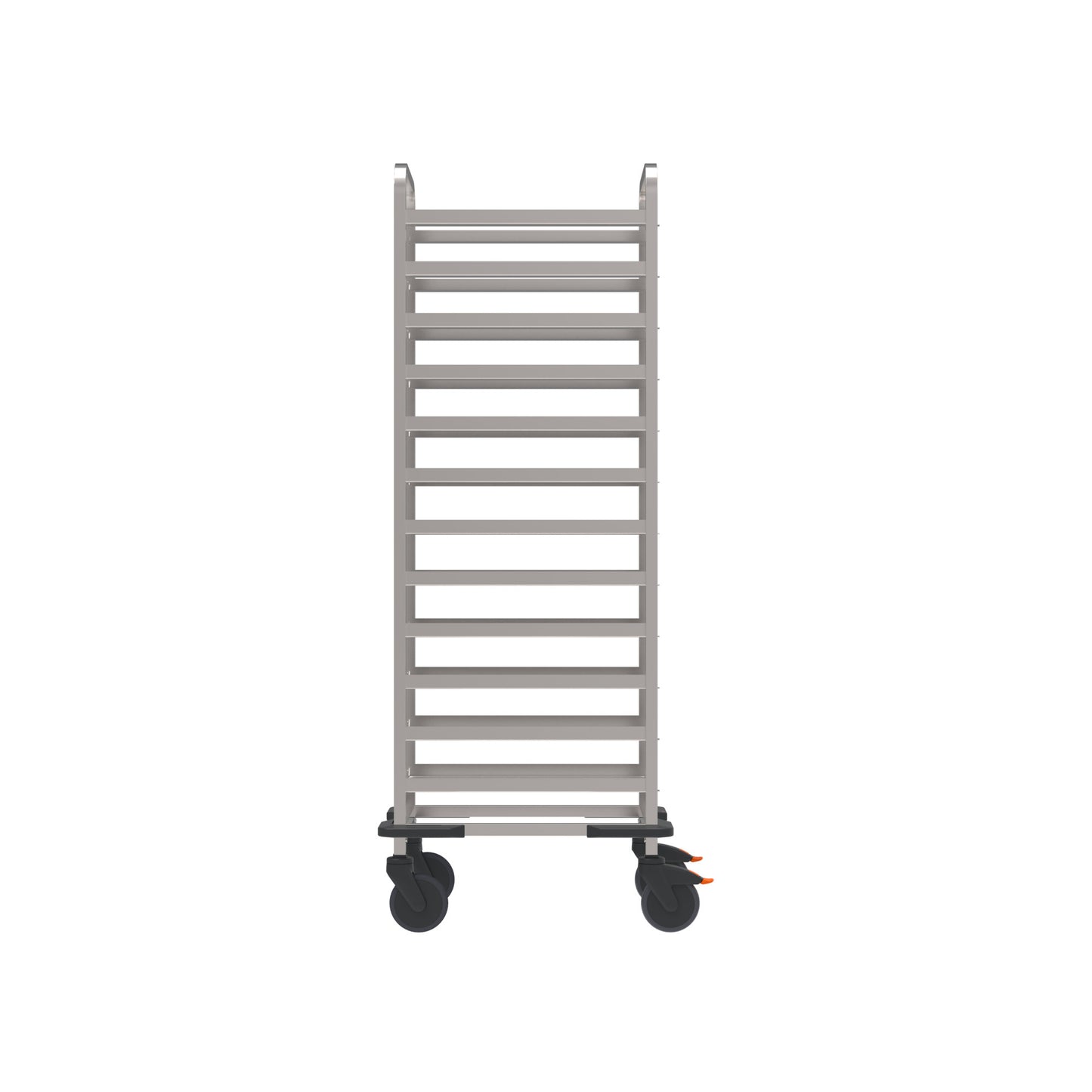 Metallischer Transportwagen mit Rollen.
