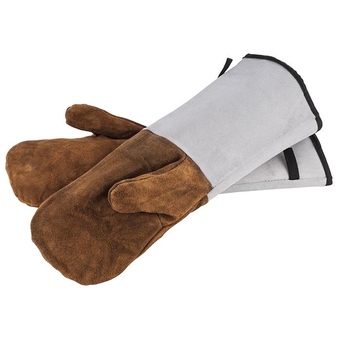Zwei braune Ofenhandschuhe aus Leder.