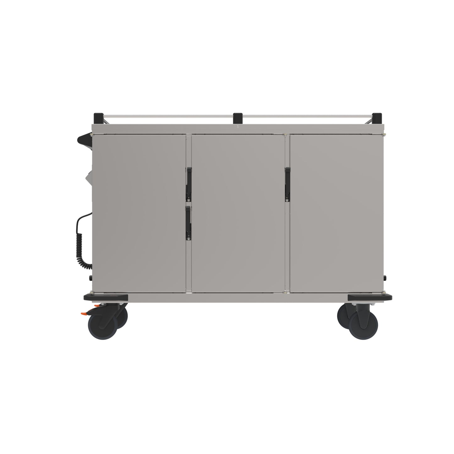 Mobiler Edelstahl-Gastronomiewagen mit Rollen.