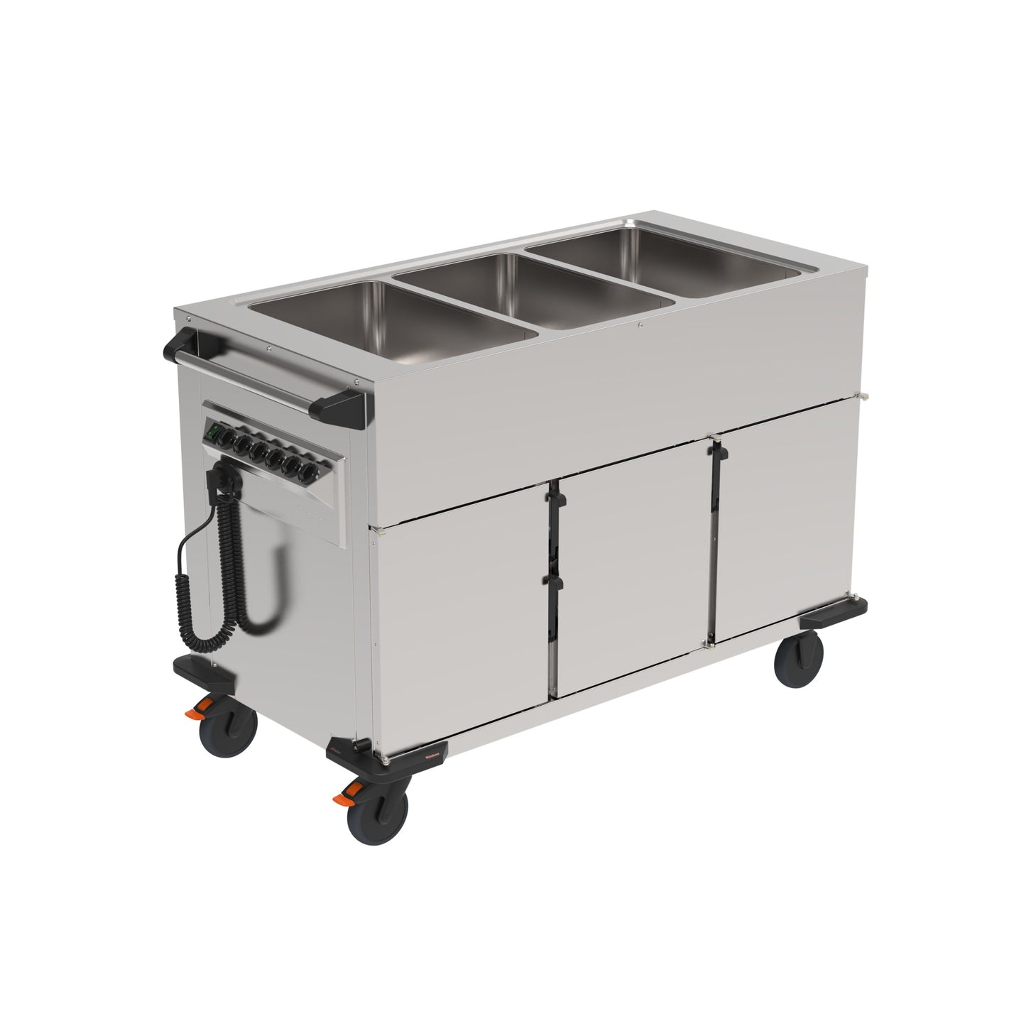 Mobiler Edelstahl-Gastronomiewagen mit Behältern.