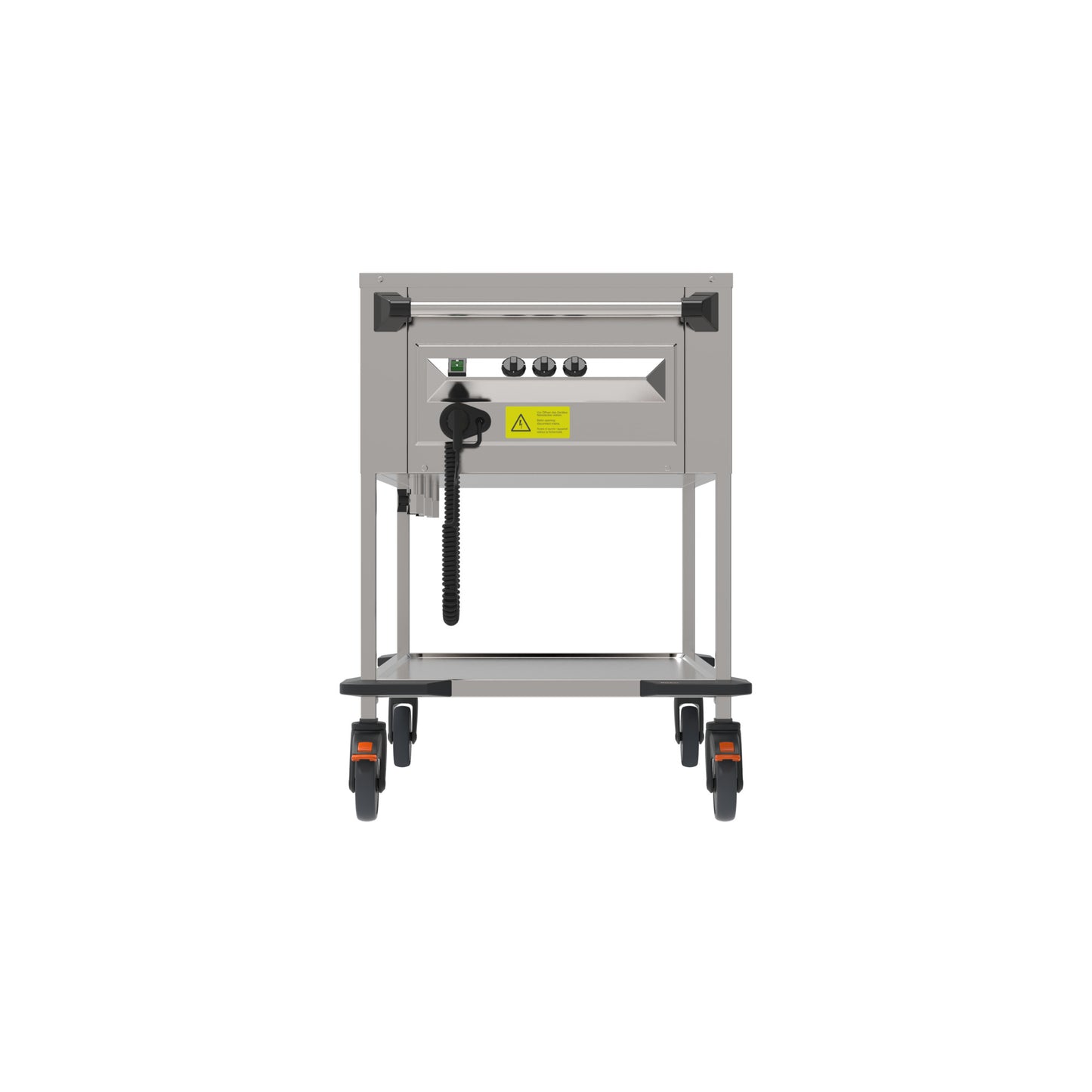 Mobiler Edelstahl-Gastronomiewagen mit Rollen.