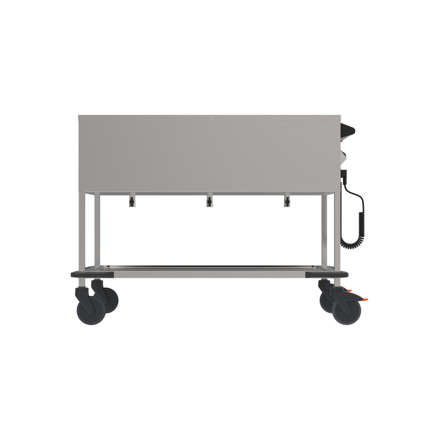 Mobiler Edelstahl-Gastronomiewagen mit Rollen.