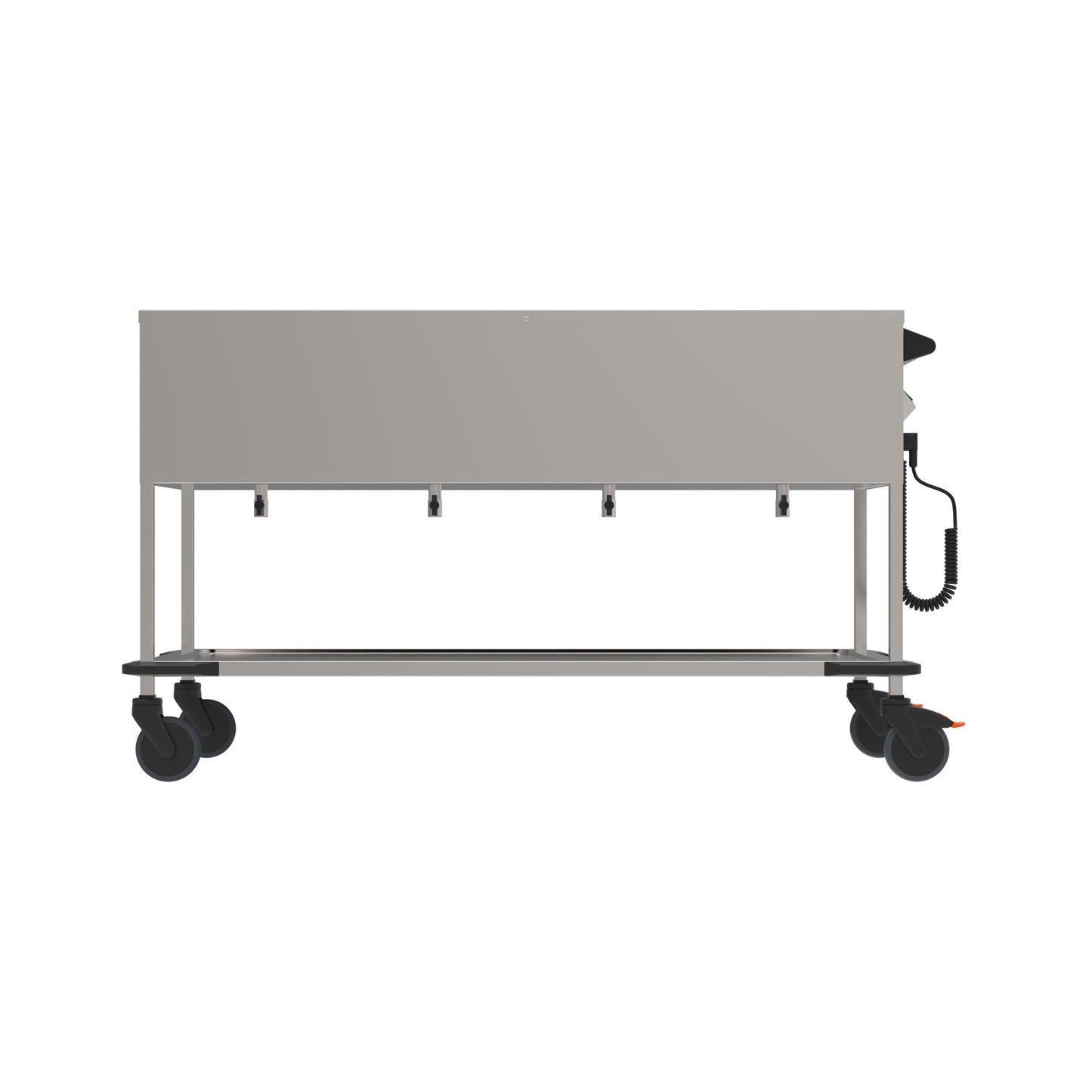 Mobiler Edelstahl-Gastronomiewagen mit Rollen.