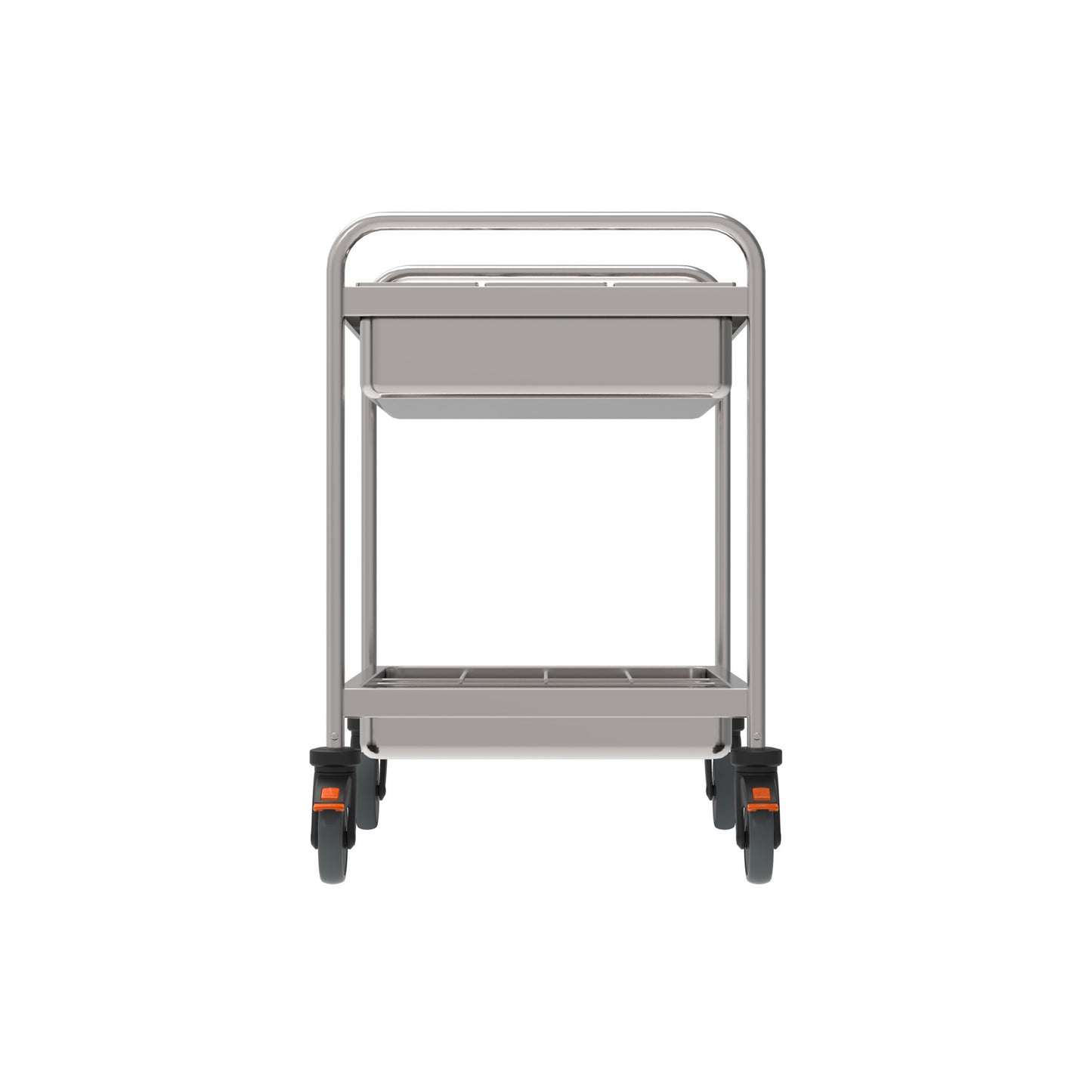 Metallischer Servierwagen mit Rollen.