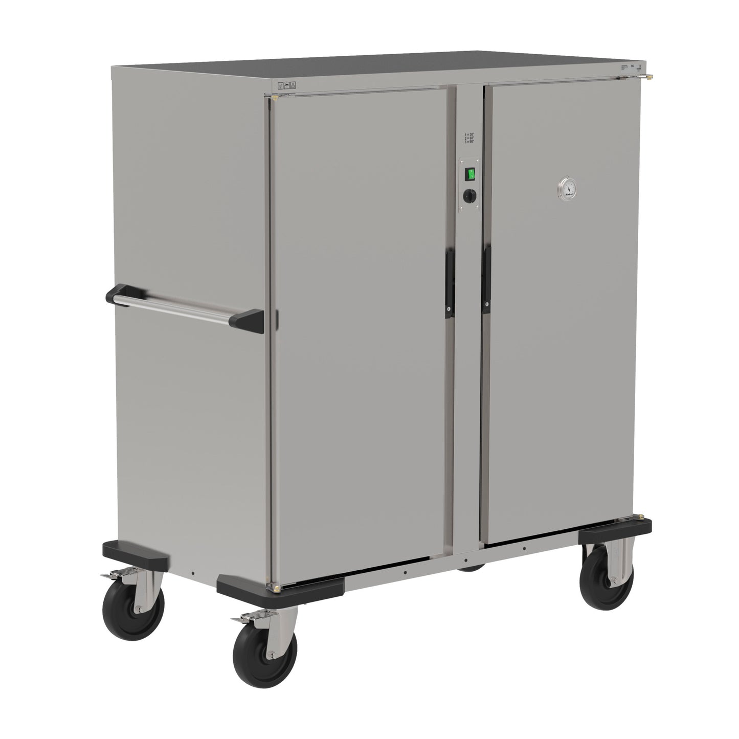 Mobiler Edelstahl-Gastronomiewagen mit Rollen.