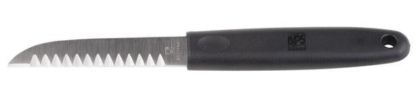 Gezacktes Messer mit schwarzem Griff.
