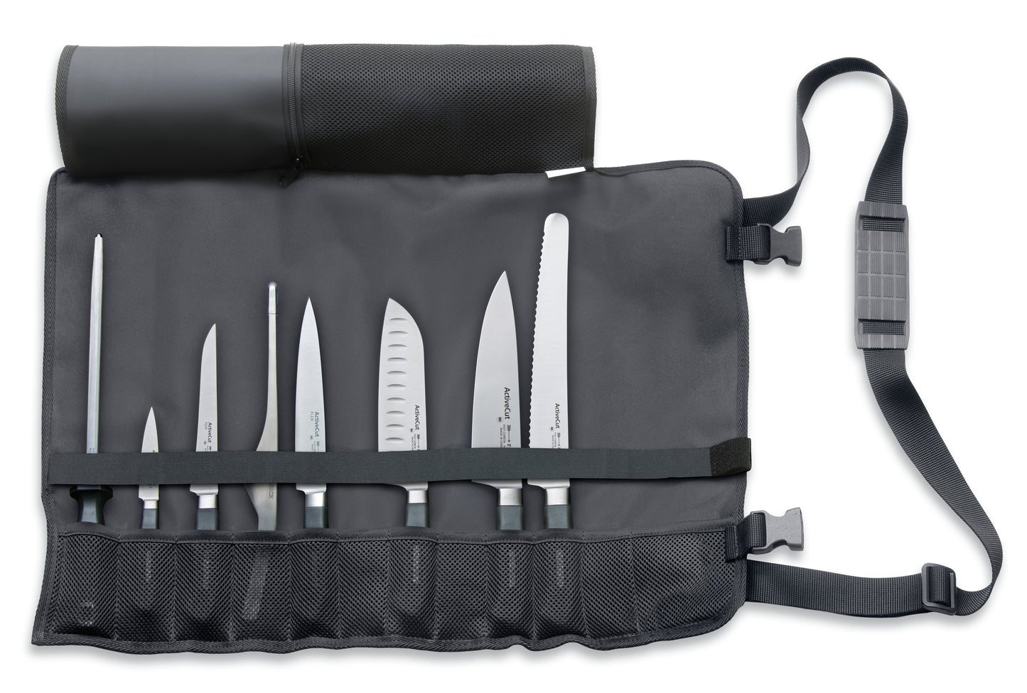 Messerset in aufgerollter Tasche.