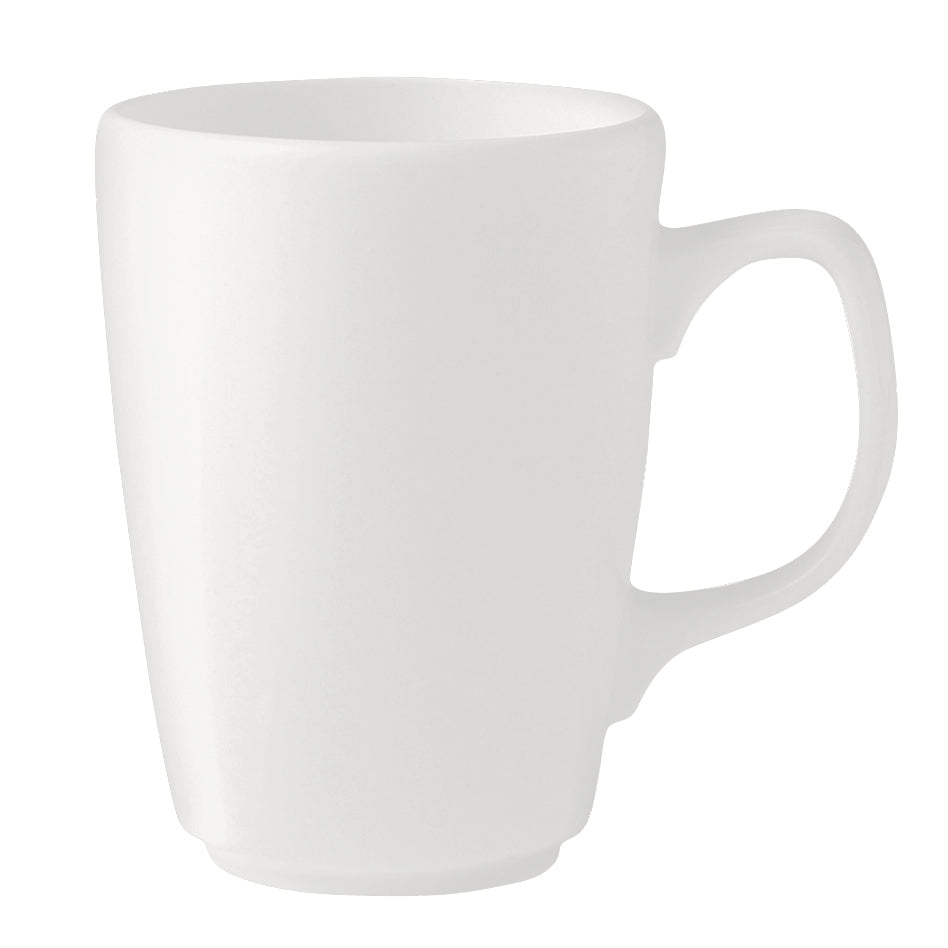 Weiße Tasse mit Henkel.