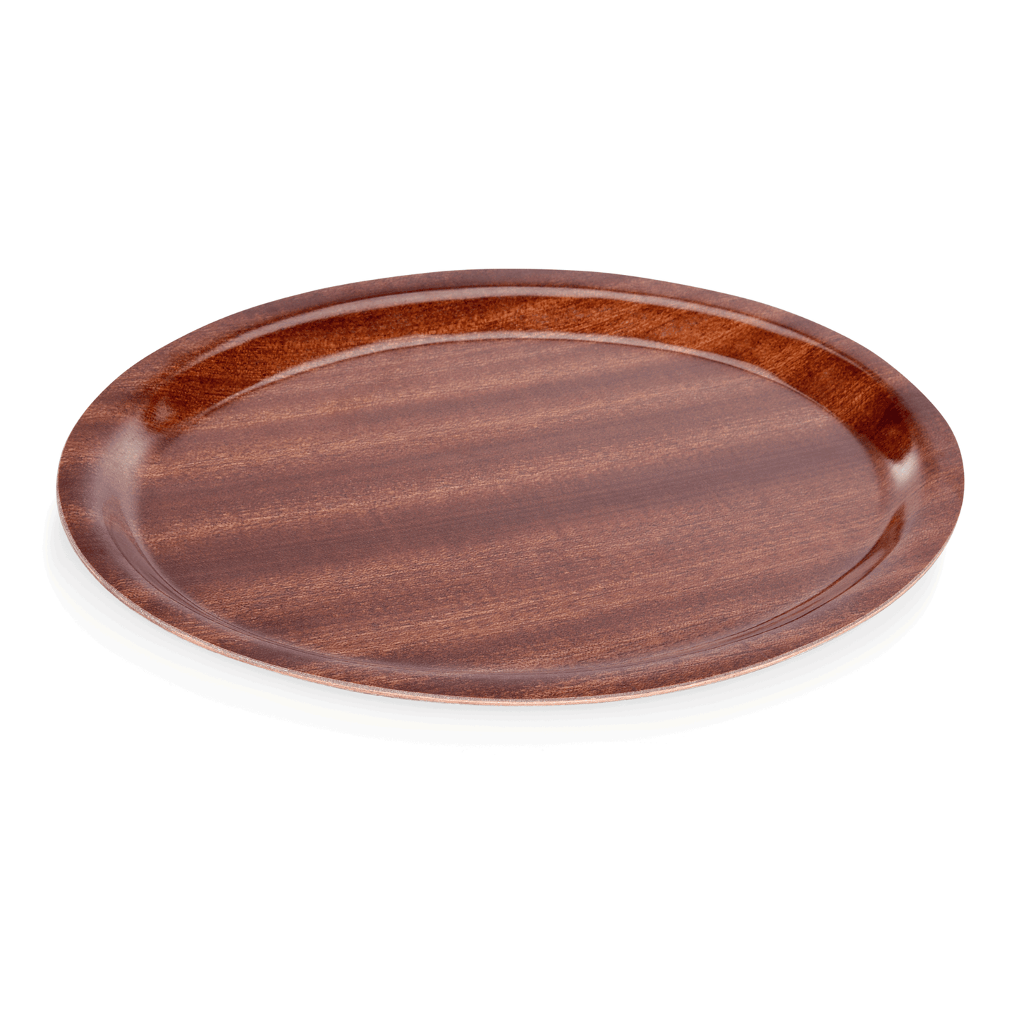 Runder, brauner Servierteller aus Holz.