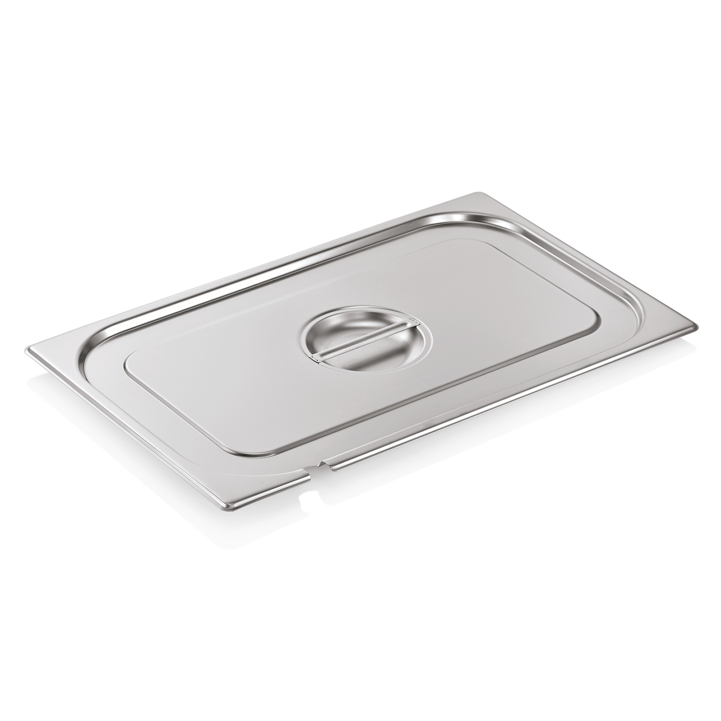 Edelstahl-Gastronorm-Behälterdeckel mit Griff.