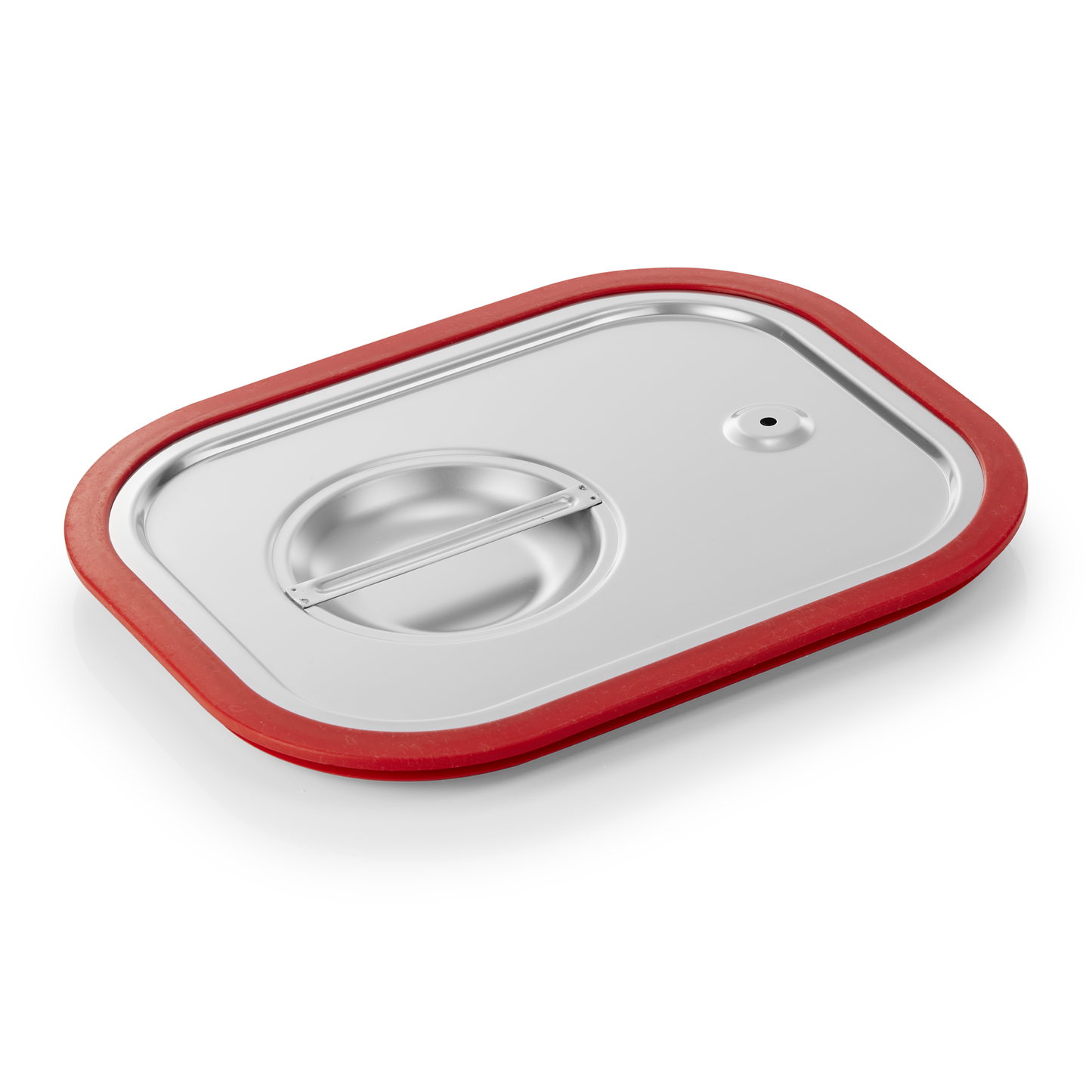 Edelstahl-Deckel mit rotem Rand.