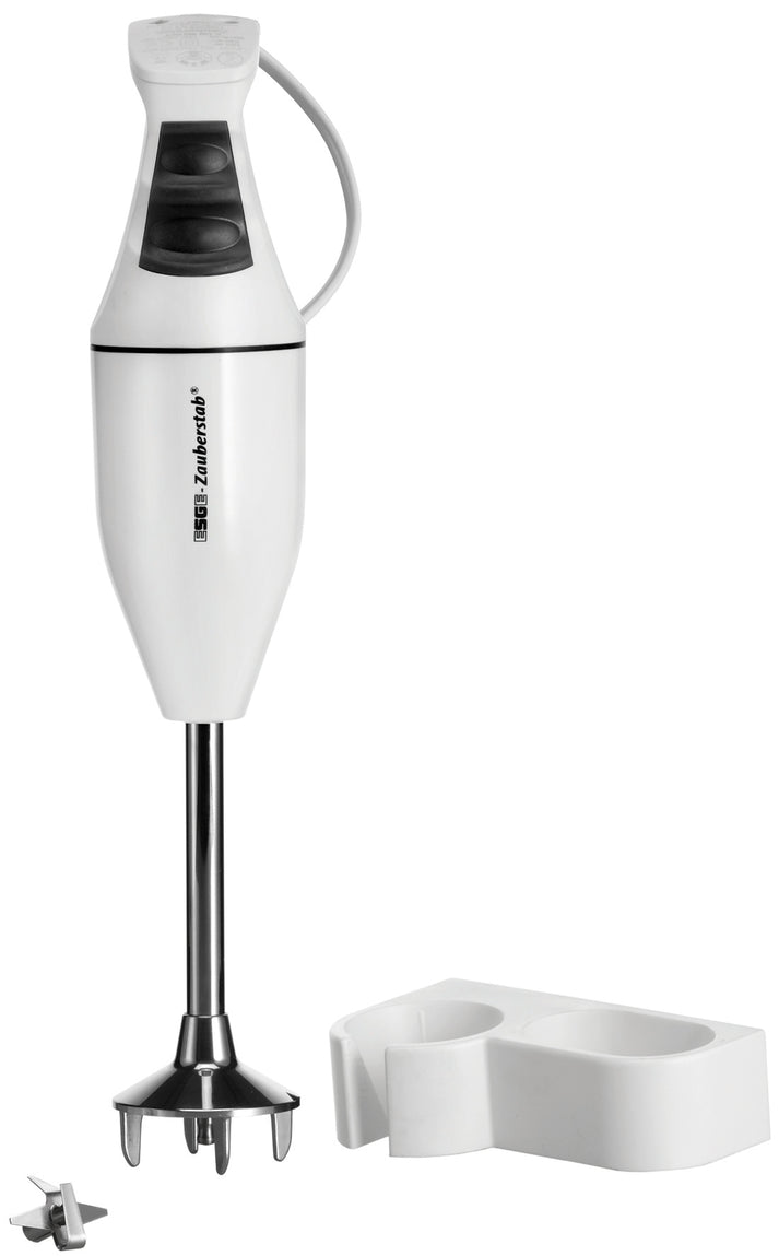 Stabmixer mit Zubehör und Halterung.