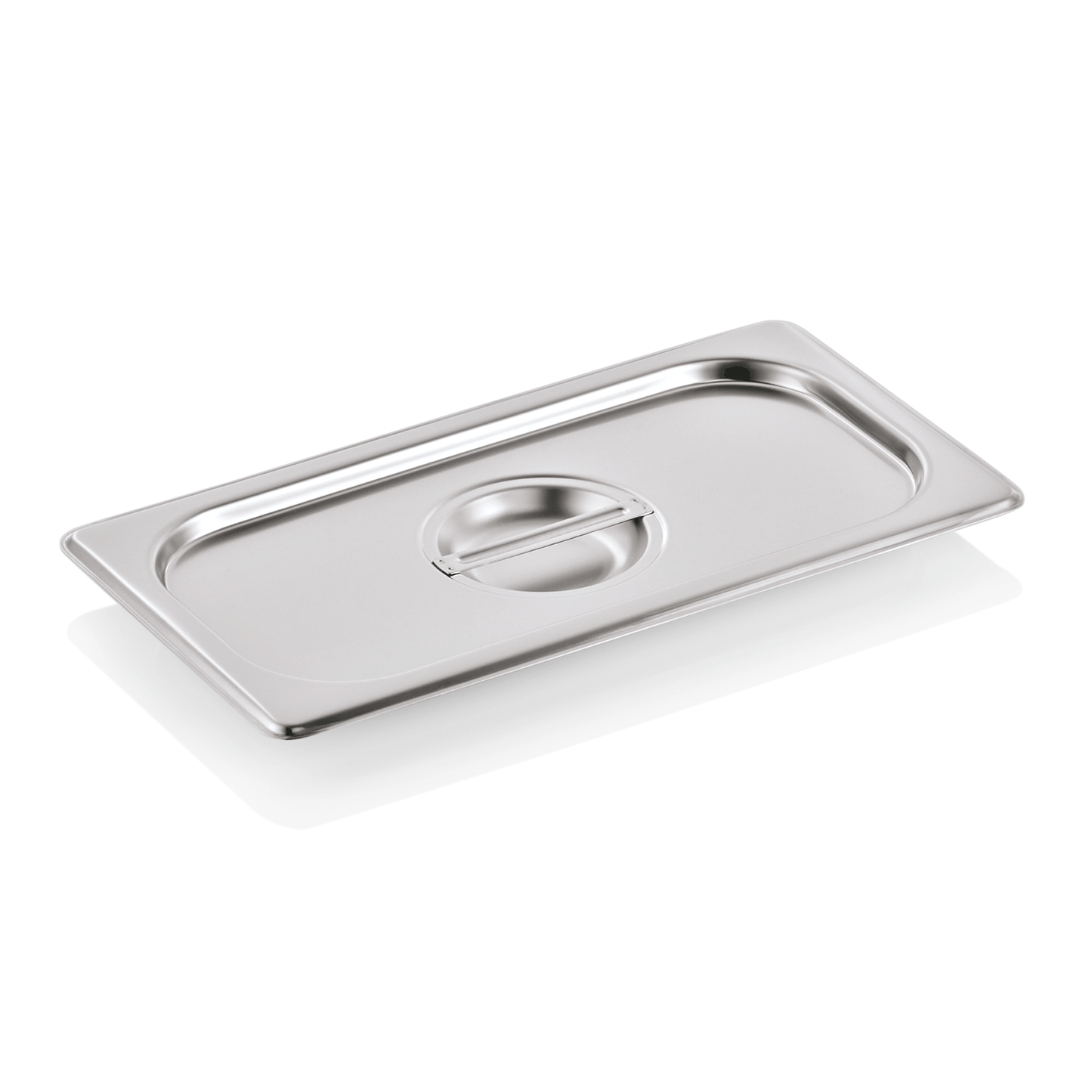 Edelstahl-Gastronorm-Behälterdeckel auf weiß.