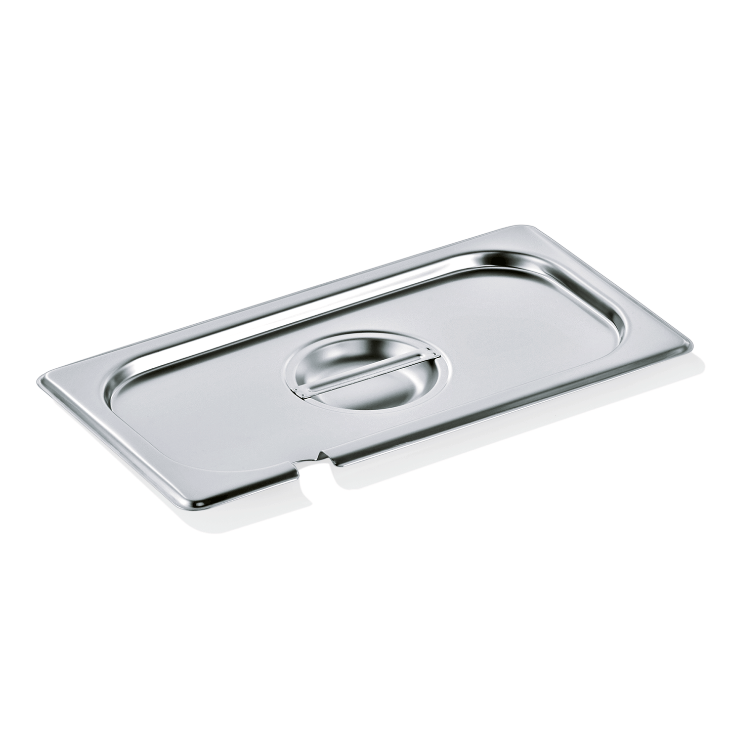 Edelstahl-Gastronorm-Behälterdeckel mit Aussparung.