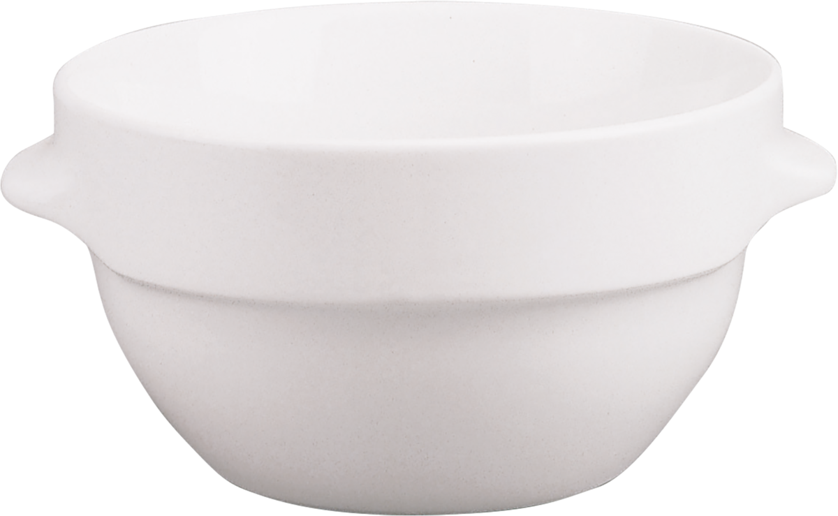 Weiße Schüssel mit Griffen.