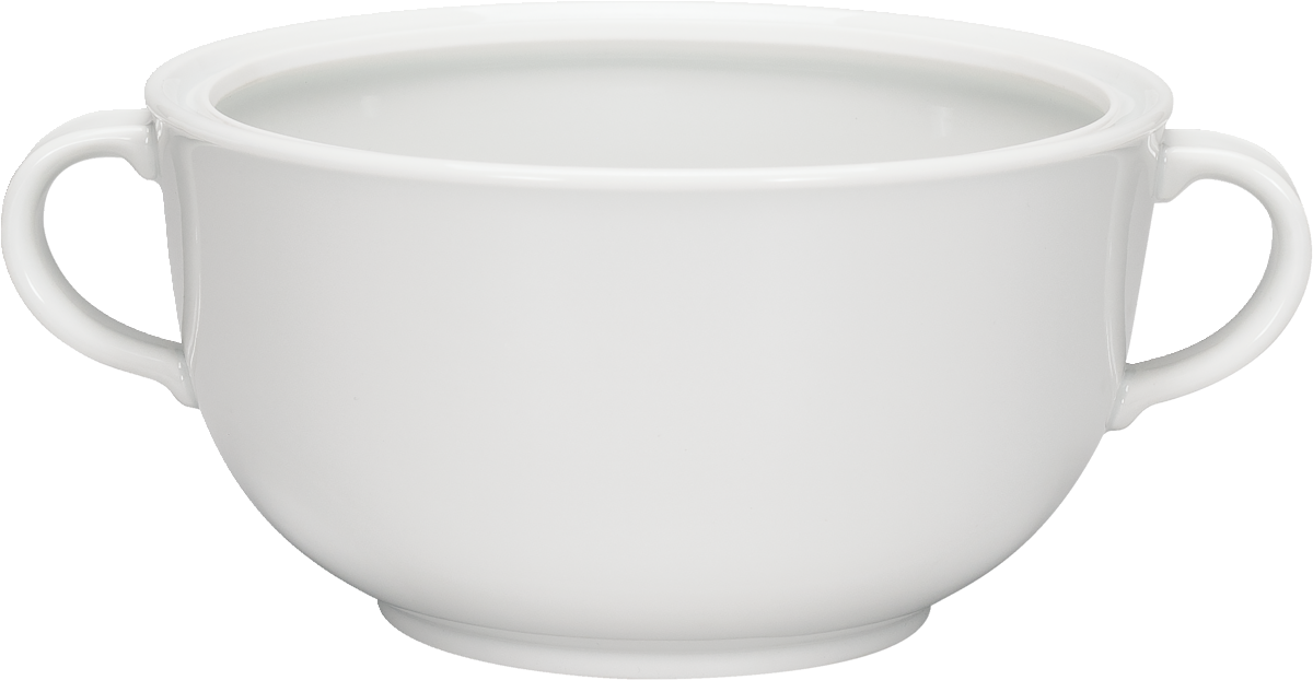 Weiße Suppenschüssel mit Henkeln.