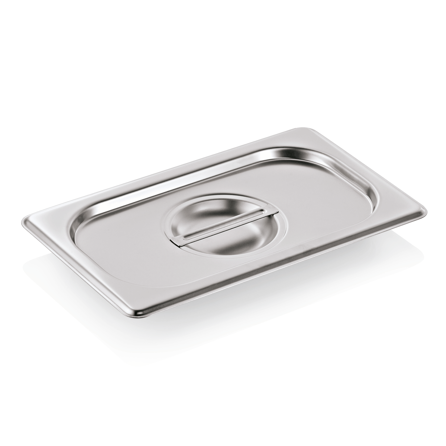 Edelstahl-Gastronorm-Behälterdeckel auf Weiß.
