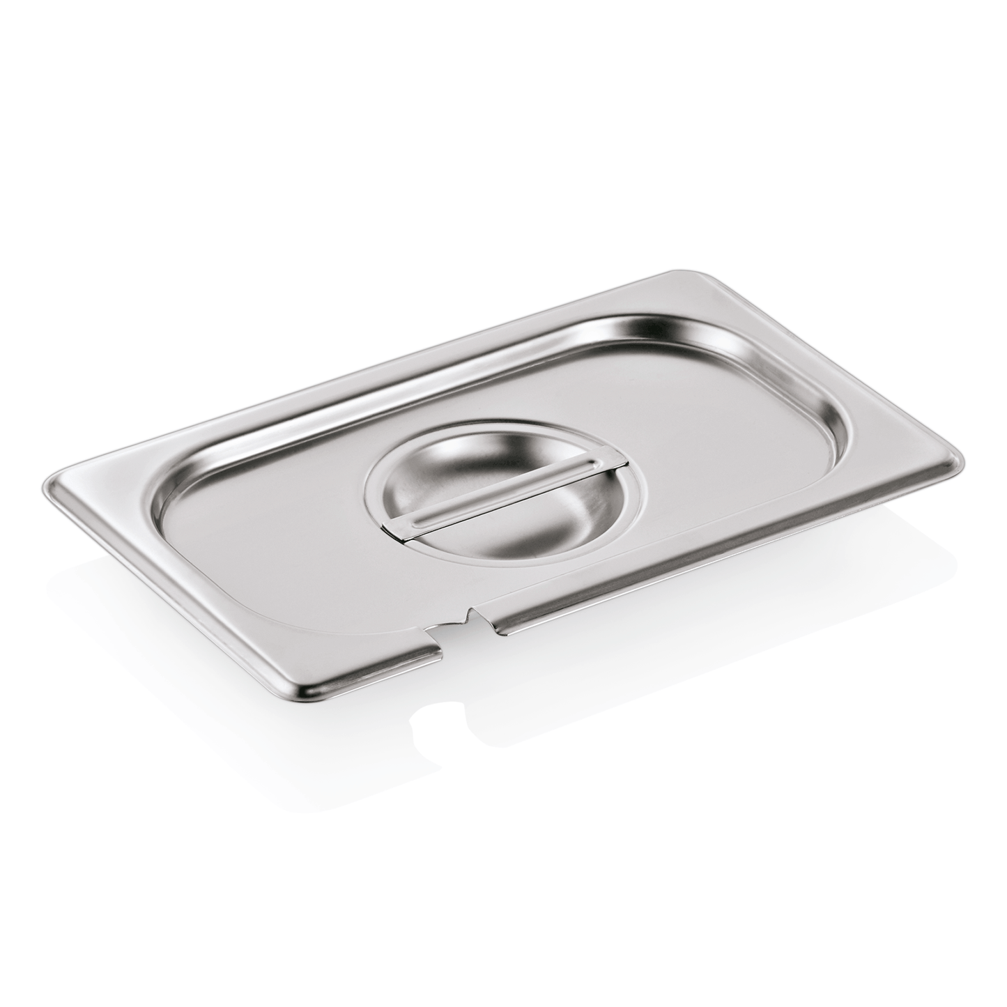 Edelstahl-Gastronorm-Behälterdeckel mit Aussparung.