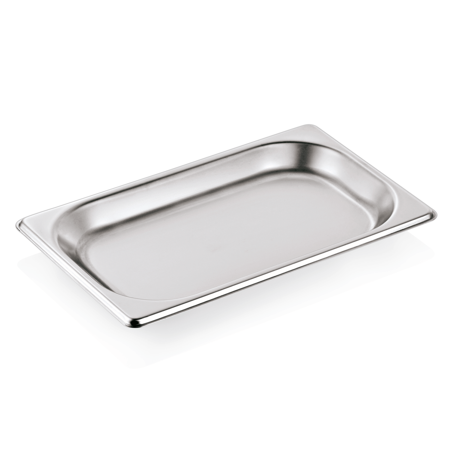Edelstahl-Gastronormbehälter ohne Deckel.
