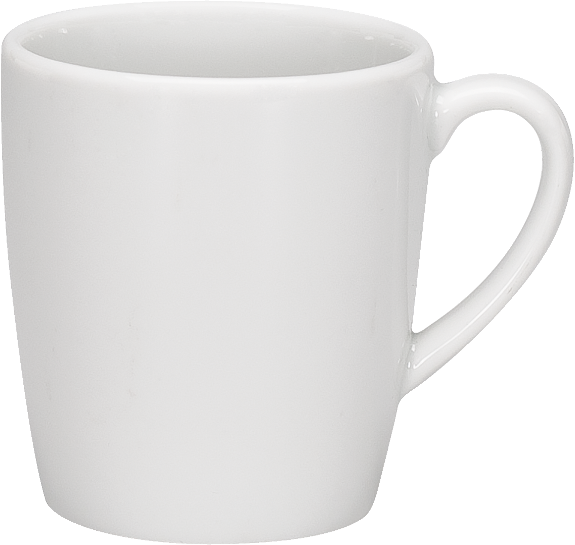Weiße Tasse mit Henkel.