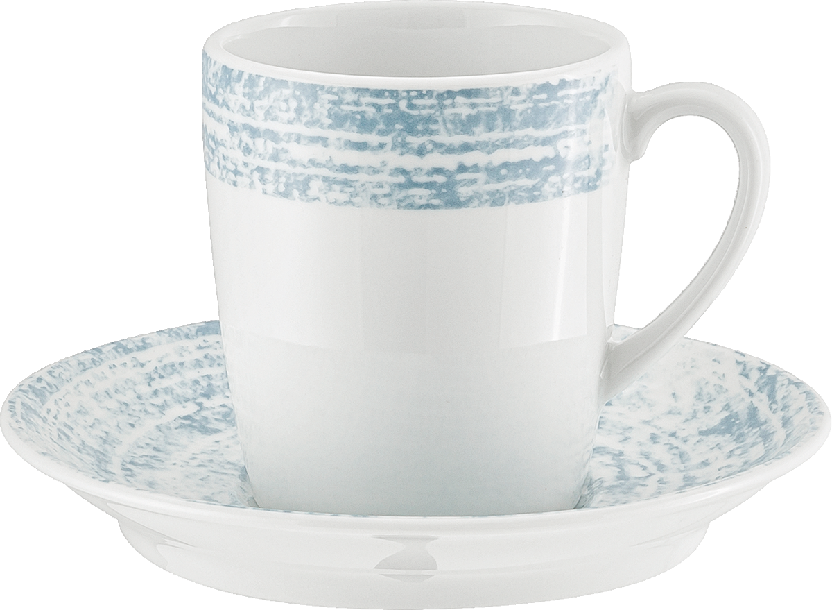Tasse mit Untertasse, blau-weiß.